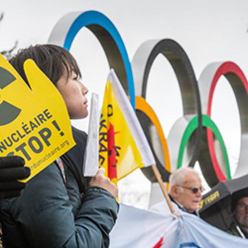 Protestaktion vor dem Sitz des Olympischen Komittees in Lausanne am 26.02.2020, Foto: Ch. Chammartin 