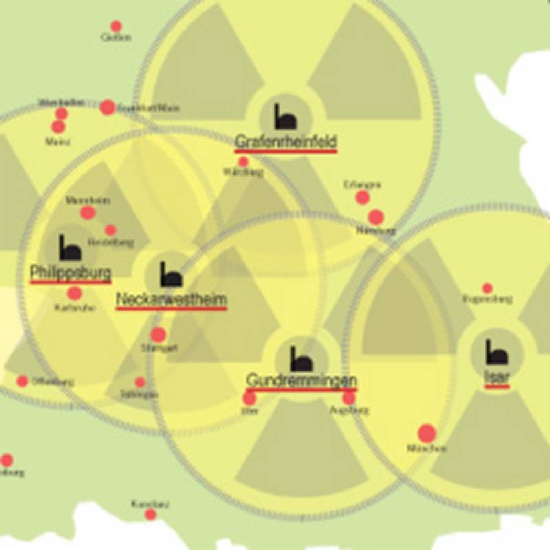 Standorte der Atomkraftwerke mit einem angenommenen Verstrahlungsgebiet von 100 Kilometer Radius, Grafik: IPPNW